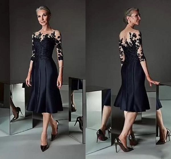 

fishtail skirt tea length mother of the bride dresses elegant satin lace appliqued 3/4 long sleeves short prom party gown for women trumpet, Black;red