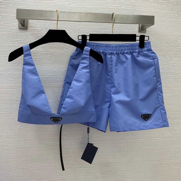 

23ss women shorts sets women designer clothes new recycled nylon fabric metal triangle logo decorative bra vest with elastic waist pants set, White