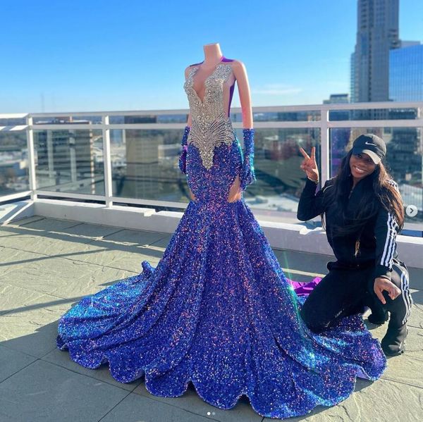 

lilac lavender african mermaid evening birthday dresses gillter beaded sequins black girl prom reception occasion dress, Black;red