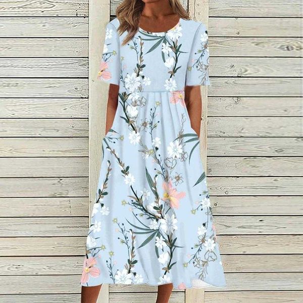 

summer womens clothing dresses casual floral round neck mid length short sleeve dress, Black;gray