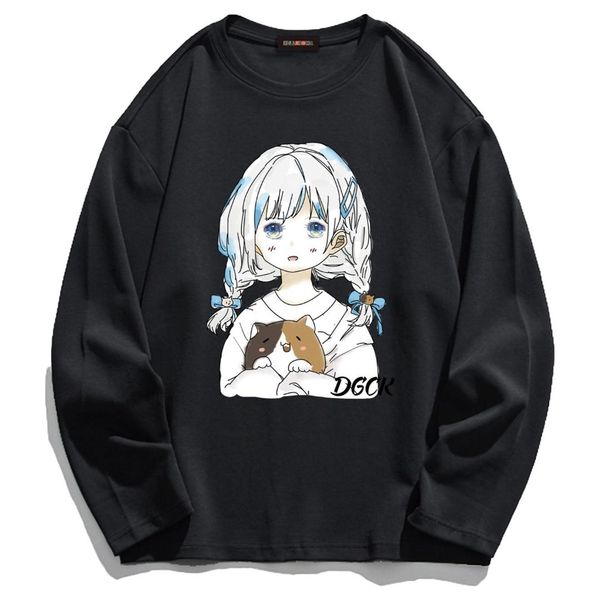 

2022 spring cute girl with cat anime long sleeve pure cotton loose casual khaki woman tshirts harajuku kawaii clothes, White