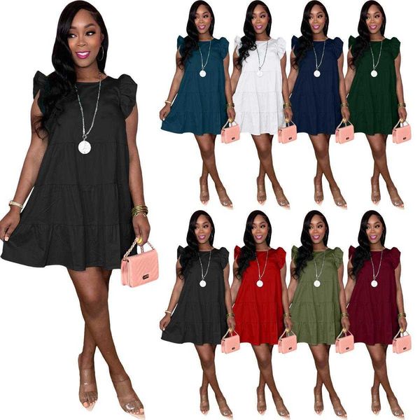 

womens summer casual solid color dress high waist pleating cake long, Black;gray