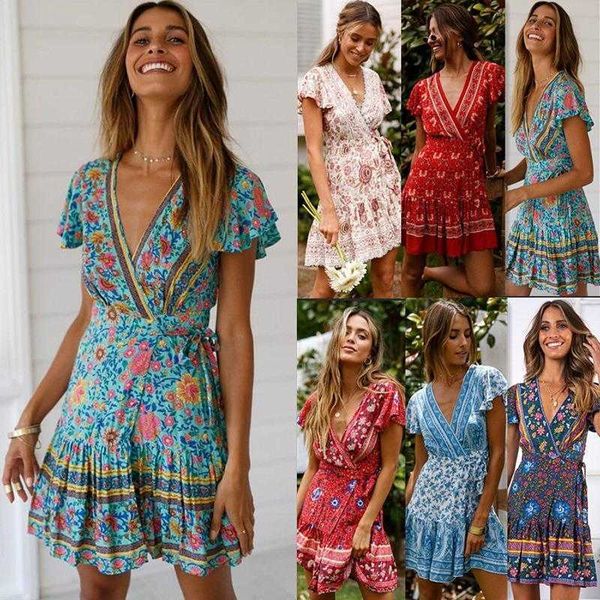 

summer v neck bohemian printed dress short skirt womens clothing, Black;gray