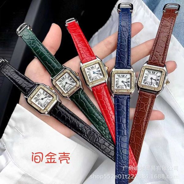 

designer luxury new square calf leather belt women's watch quartz movement with diamond original button watch, Black