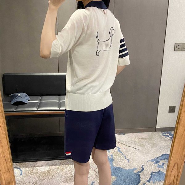 

tb2023 summer new back hollow short sleeve women's skincare academy fashion four bar knitted polo shirt, White