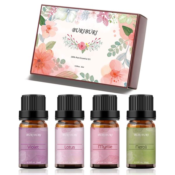 

buriburi essential oil set - set of 4 - neroli, lotus, violet, peach blossom essential oils 4 x 10ml, 100% pure diffuser oils for massage, s