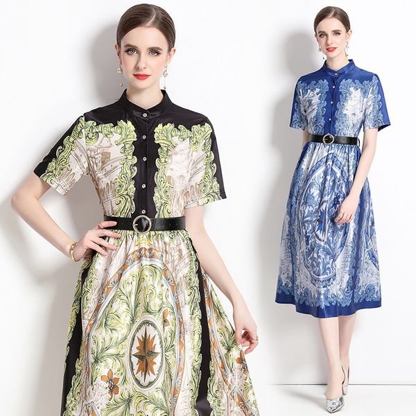 

women's paisley print button front shirtdress 2023 summer luxury designer vacation short sleeve stand collar slim belt flare midi dress, Black;gray