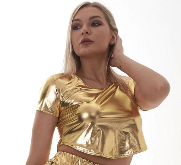 

women's t shirts women girls shiny glitter metallic shirt tank o-neck short sleeve holographic crop rave festival clubwear, White