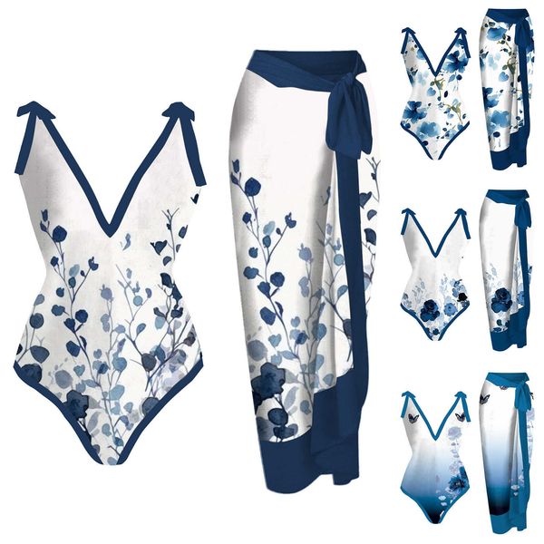 

designer swimwear fashion womens swimsuit with bikini maxi wrap dress floral print swimsuit two triangle straps pool female bathing suit bra, White;black