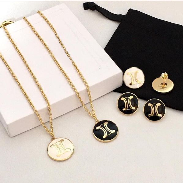 

new designed triomphe color enamel pendant chain necklace bracelet earring brass gold plated women designer jewelry sets ce17, Black