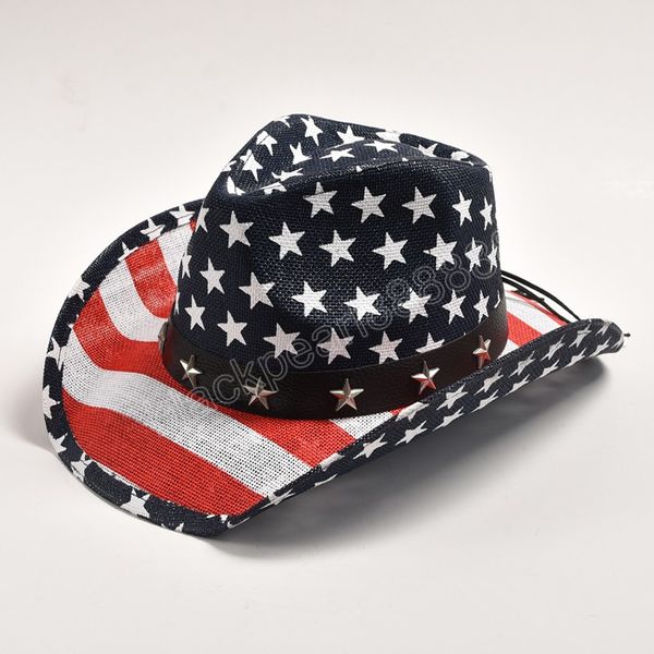 

handmade straw western cowboy hat fashion american flag cowgirl jazz hats summer beach sun hat sombrero hombre caps, Blue;gray