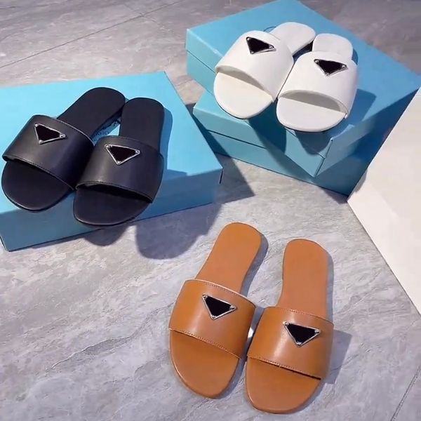 

women designers slipper sandals flat slides flip flops summer genuine triangle leather outdoor loafers bath shoes pradas beachwear slippers, Black