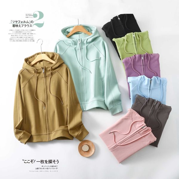 

air layer hooded sweater jacket women's spring and autumn casual long sleeved zippered loose and slim solid color sweater, Black