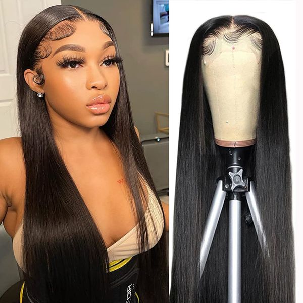 

13x4 straight lace front wigs human hair brazilian 30 inch hd lace frontal wig bone straight for women lace closure wig, Black;brown