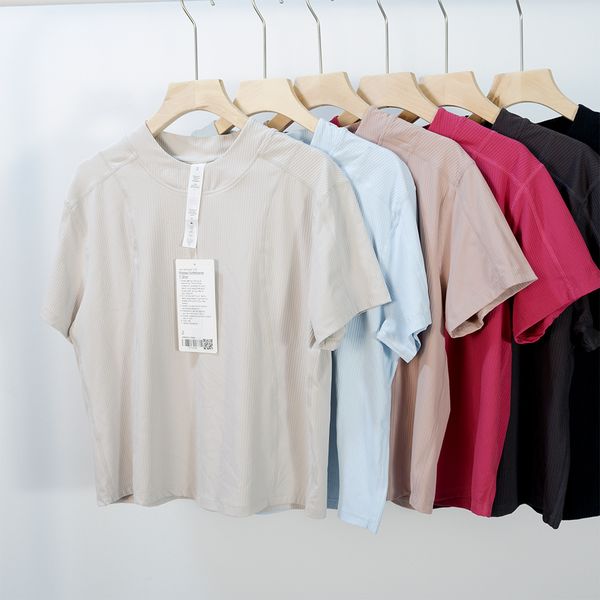 

lulu womens yoga t-shirt summer women tee ribber round co ar ribbing short sleeve shirt woman elastic breathable sports fitness solid color