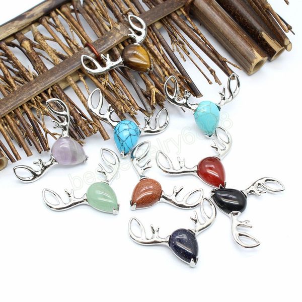 

cute deer head charm reiki healing natural crystal pendants malachites pink quartz opal pendant for necklace jewelry making diy, Bronze;silver