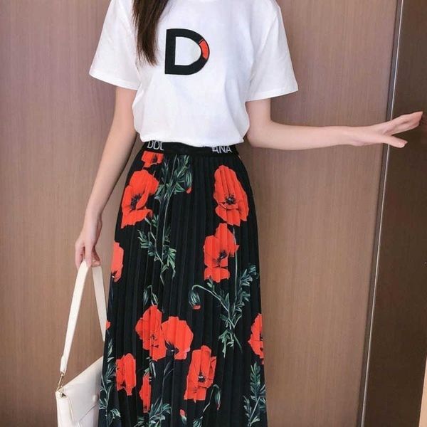 

summer womens set designer skirt set fashion letter badge embroidery t shirt casual mid-length skirt women two-piece cotton t-shirt suit, White