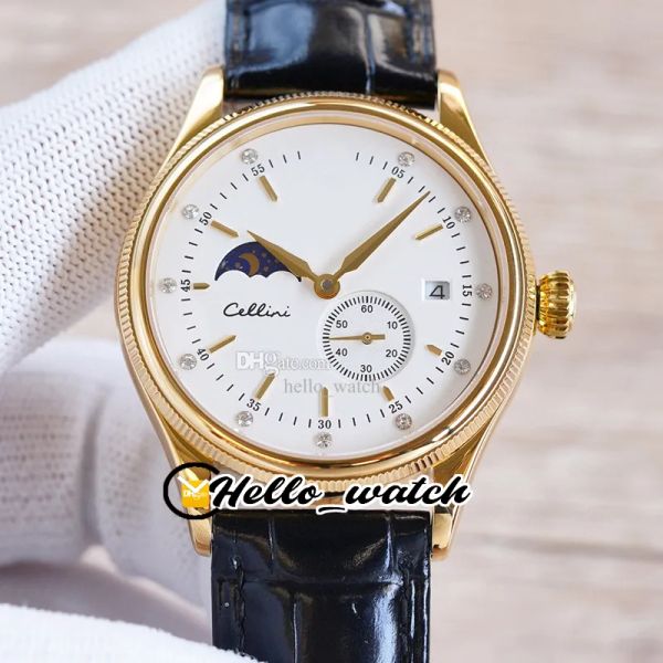 

new 39mm cellini time automatic m50519-0006 m50535-0002 mens watch white dial phase moon fluted double bezel 18k yellow gold case leather st, Slivery;brown