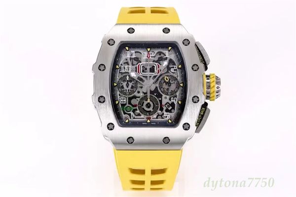 

kv watch rm11-03 with 7750 multifun ctional chrono movement sapphire crystal glass mirror titanium ceramic case natural rubber strap water r, Slivery;golden