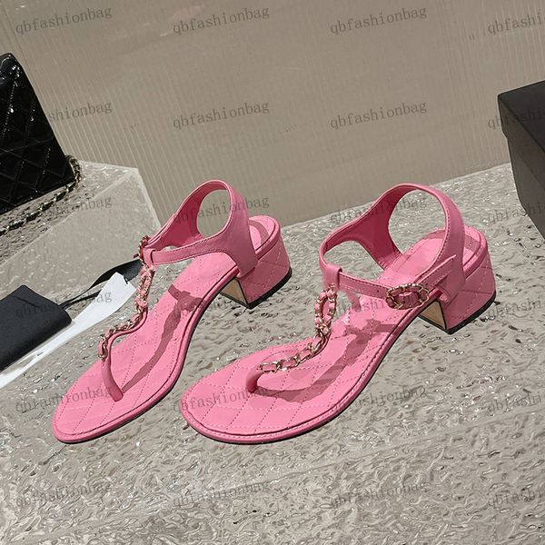 

designer womens sandals chunky heels flip flops thong leather diamond chain c buckle adjustable ankle buckle dress shoes short heels 5cm bea, Black