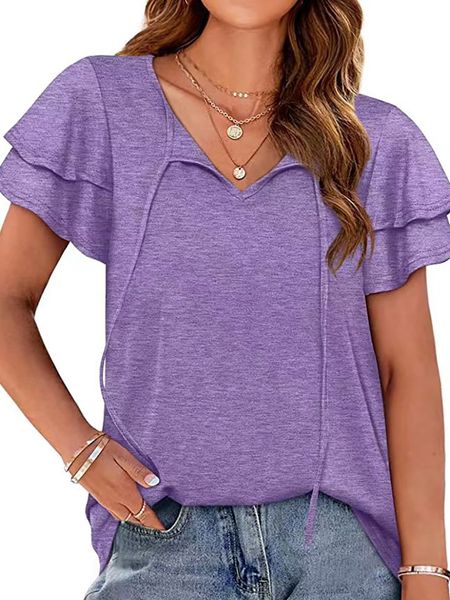 

women short sleeve solid v neck lace up t shirt, White
