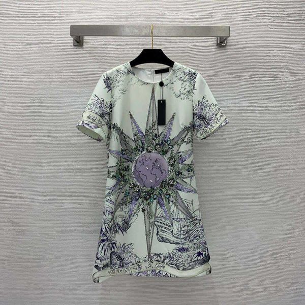 

23ss summer dresses women dress women designer clothes fashion flower print front heavy work studded beads with diamonds short sleeve dress, Black;gray