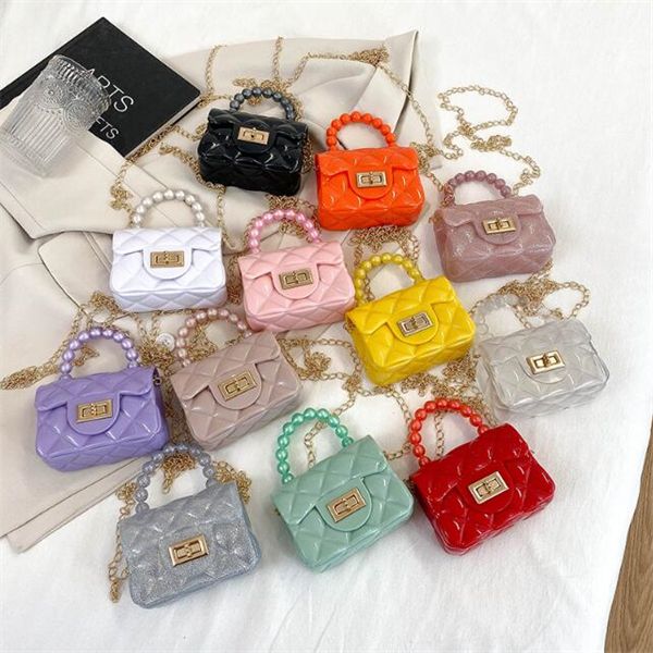 

new laminated pearl handbag mini chain lingge jelly bag change children's bag, Black