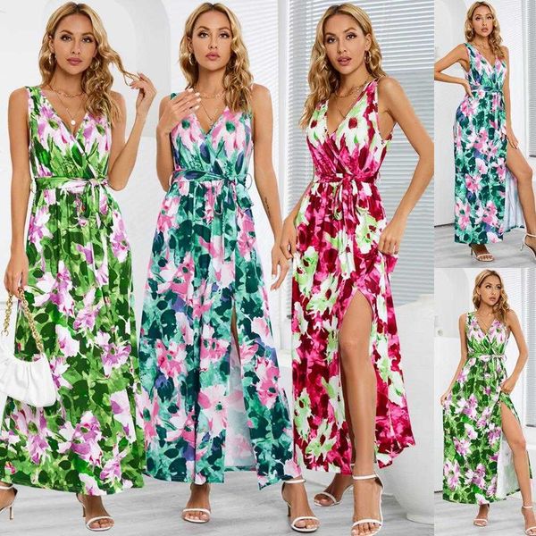 

bohemian printed dress summer womens sleeveless v neck slit, Black;gray