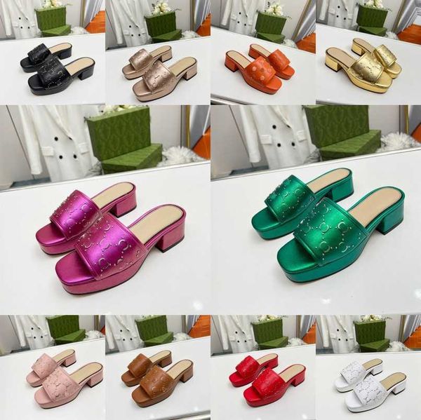 

full studded logo embellished designer slippers metallic wedges sandal luxury women shoes brand platform slides ladies pump genuine leather, Black