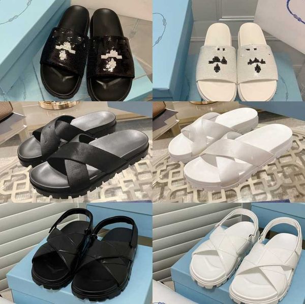 

2023 sandals triangle quilted designer women slippers cross canvas strap sandal sequins moccasin slides platform mule logo flip flops slingb, Black