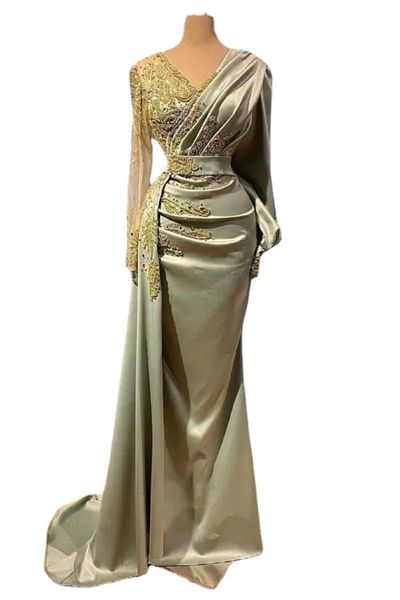 

arabic dubai v neck satin mermaid evening dress sheer long sleeves beaded ruched floor length formal party gowns special occasion dresses bc, Black;red
