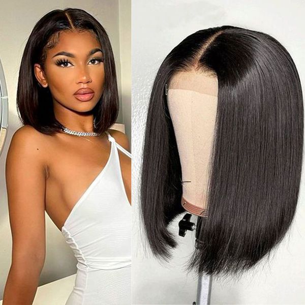 

straight bob human hair wigs 8-16inches short human hair without glue wig 13*4 lace frontal wig straight real natural hair wig, Black;brown