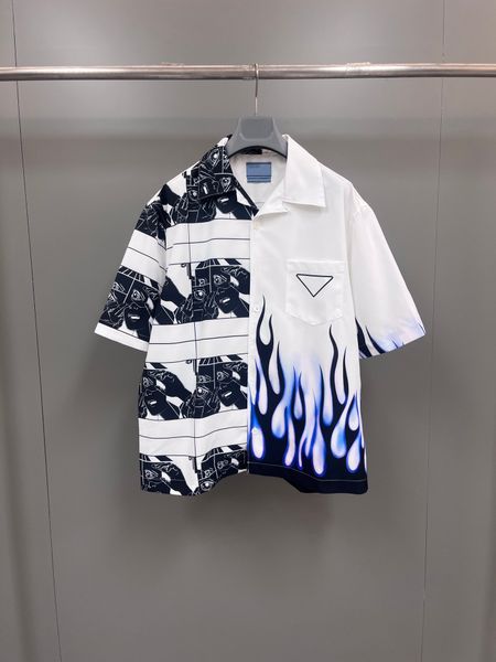 

summer 2023 latest designer shirt fashion flame print design european size shirt luxury brand mens short sleeved casual shirt, White;black