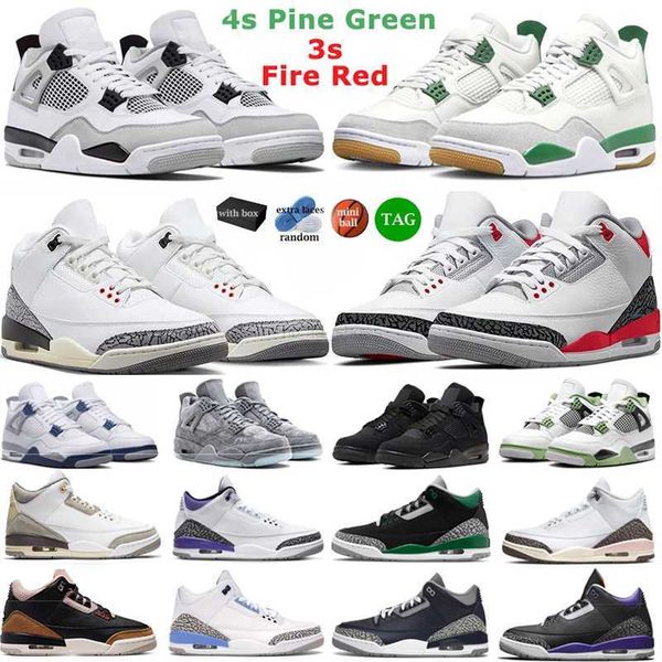 

3s 4s with box basketball shoes men jumpman white cement fire red racer blue darkmocha 4 military black seafoam pine green cat trainers mens