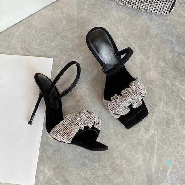 

summer fashion sandal slippers genuine leather soft flash drill sequined black heels 10cm women shoes big size sandals shoe wome