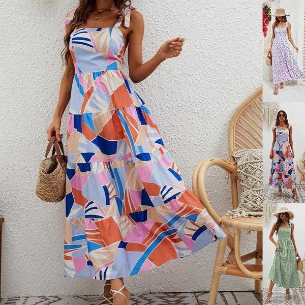 

fashion womens wear summer printed dresses tied high waist strap dress for women, Black;gray