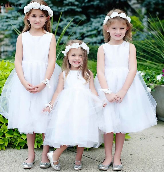 

cute white puff tulle flower girl dresses for wedding jewel neck satin sleeveless baby kids first communion birthday gown tea length toddler, White;blue