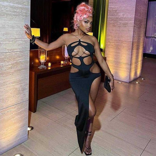 

style summer solid color irregular long dress hollow backless sleeveless split nightclub slim for women, Black;gray