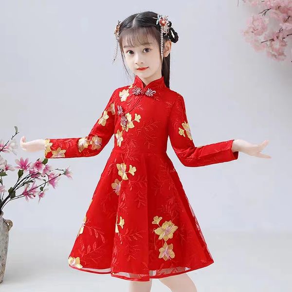 

children's clothing han clothing autumn 2021 new ancient dress cheongsam children's dress performance dress girl princess dress, Red;yellow
