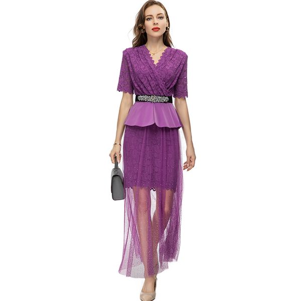 

women's runway dress v neck short sleeves peplum embroidery lace elegant fashion designer vestidos, Black