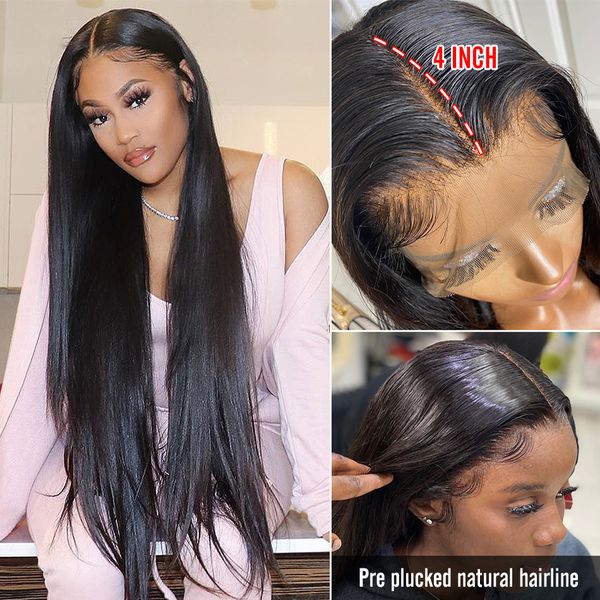 

13x4 bone straight lace front wig human hair lace frontal wig for women pre plucked with baby hair, Black;brown