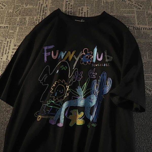 

graffiti ghost flower print cotton tshirt women men summer short sleeve casual white streetwear oversized tshirt female