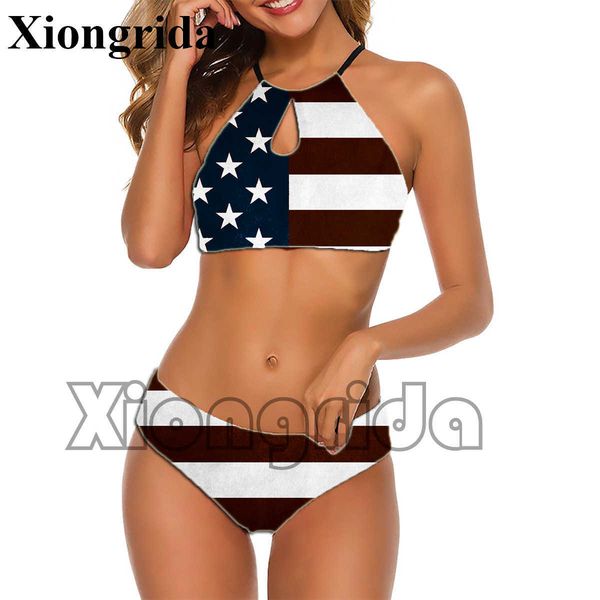 

designer swimwear fashion usa flag print bikinis set slim stars and stripes 2 pieces swimsuit american flag print halter backless swimwear b, White;black