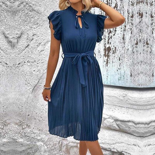 

pleated womens summer ruffles dresses lace up empire polyester mini dress, Black;gray