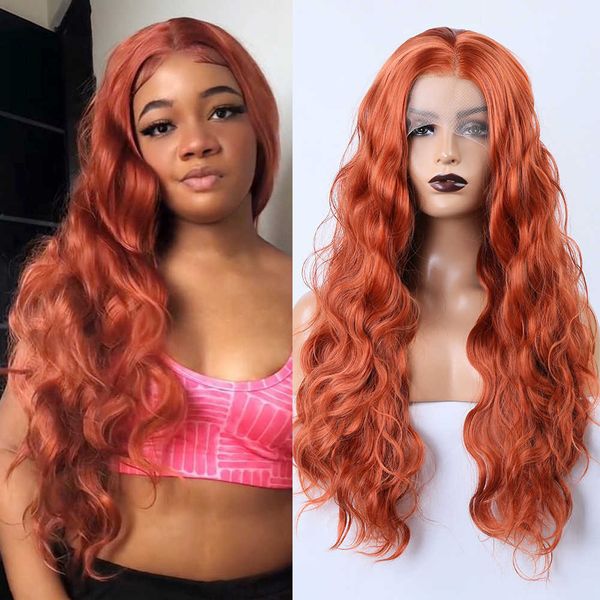 

synthetic lace wig deep part ginger body wave wigs for women cosplay wigs synthetic lace front wig heat resistant fiber 230524, Black;brown