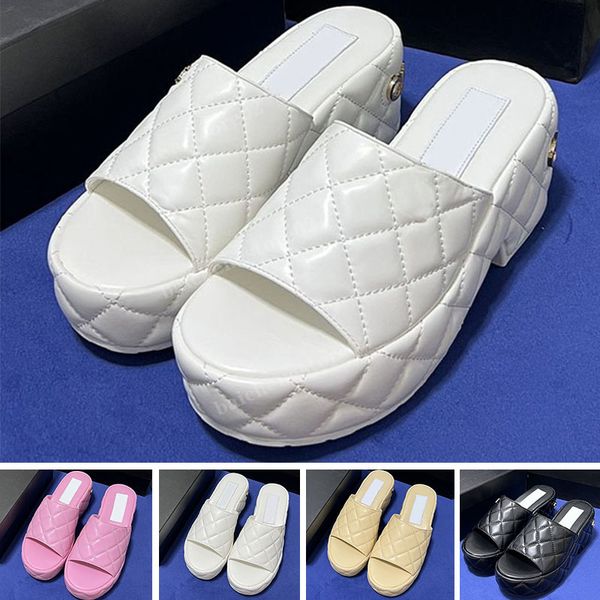 

2023 luxuries designer classics women slipper fashion sandals slides summer real leather ladies beach platform high heel b2, Black