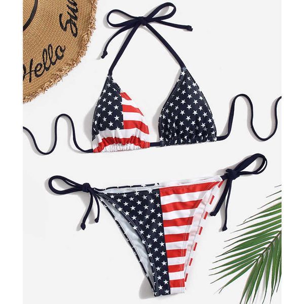 

designer swimwear fashion swimsuits woman 2023 european and american lace up split swimsuit women's us flag print beach bikini, White;black