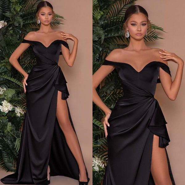 

elegant black prom dresses off shoulder party evening gowns pleats slit formal long special occasion dress