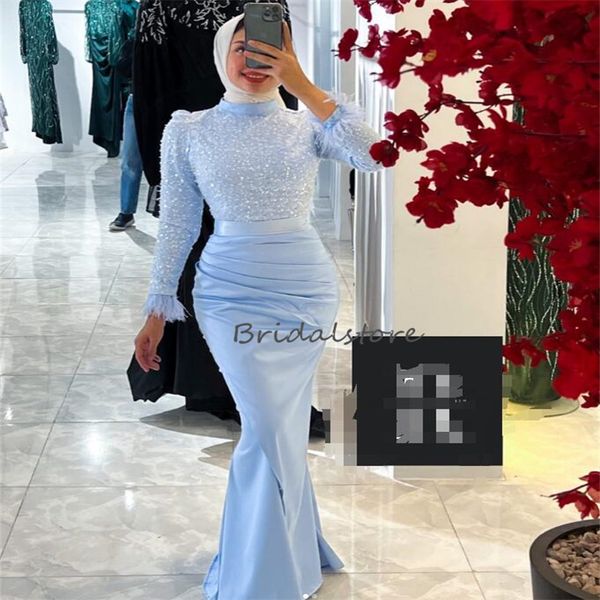 

beautiful blue muslim prom dress with feather 2023 high neck sequin mermaid arabic evening dress elegant abaya formal party gown robe de soi, Black