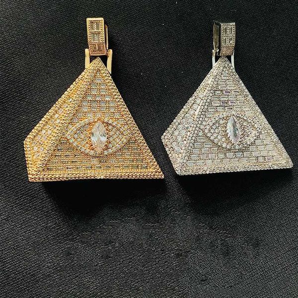 

2023 new hip-hop jewelry brass iced out cz triangle egyptian pyramids eyes pendant necklace for men and women, Silver
